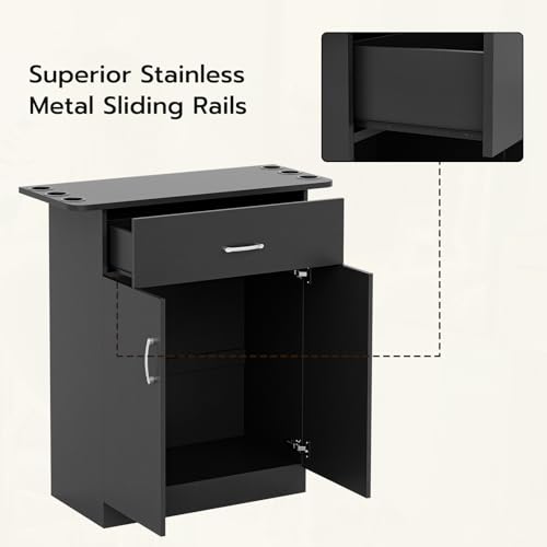 Black Wall Mount Salon Storage Station Barber Cabinet with Drawer and 2 doors, 6 Hair Dryer Holders W4289