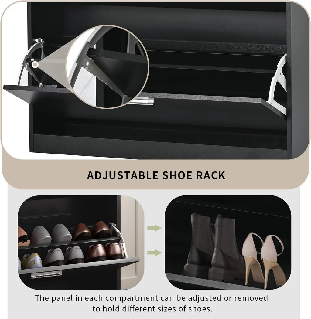 Black Slim Shoe Cabinet with 2 Flip Drawers and Tempered Glass Top G577