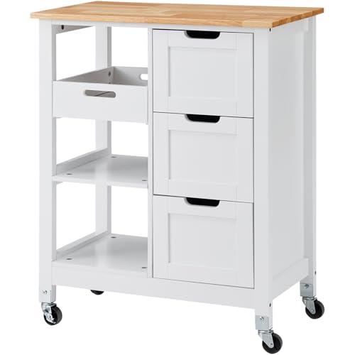 White 26 inch Wood Top Mobile Kitchen Island Cart with 3 Drawers and Shelves Y1844