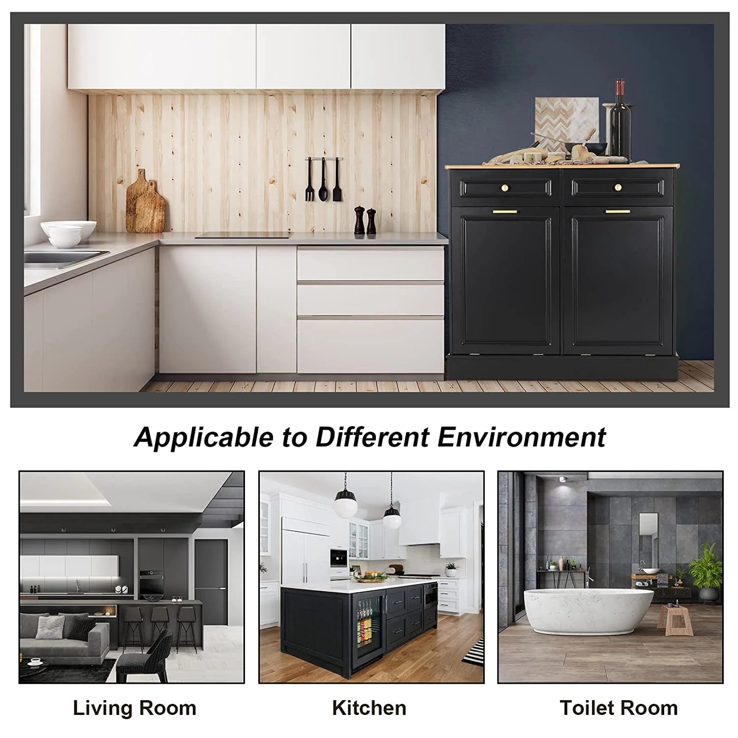 Black Double Tilt Out Trash Cabinets with Drawers Wooden Recycling Cabinet H4627