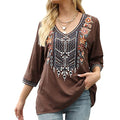 Embroidered 3/4 Sleeve V Neck Tunic Blouses U3489