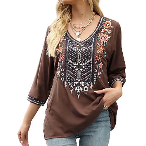 Embroidered 3/4 Sleeve V Neck Tunic Blouses U3489