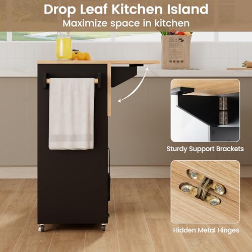 Rolling Kitchen Island Cart with Drop Leaf, Power Outlet, Spice Rack, 12 Wine Rack, Drawer, Storage Cabinet, Rustic Brown M132