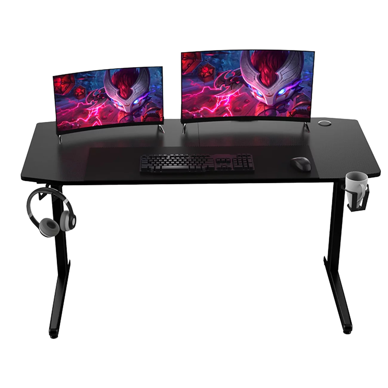 Black Ergonomic Gaming Desk with Headphone Holder, Cup Holder, Mouse Pad A155