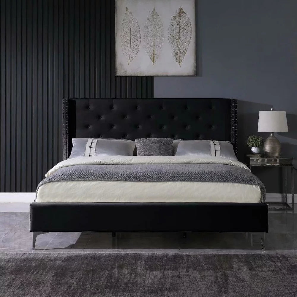 King Size Velvet Black Upholstered Platform Bed Frame Z70028