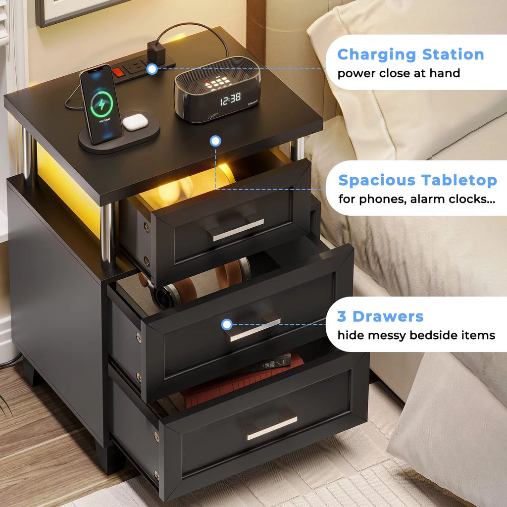 Black LED Nightstand Set of 2 with 3 Drawer U301