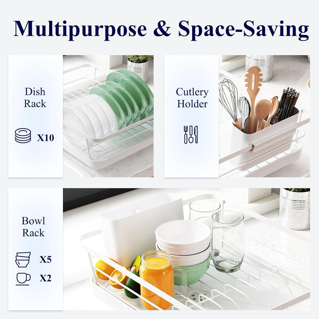 White Stainless Steel Dish Drying Rack with Cutlery Holder O8755