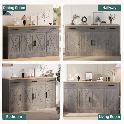 Ash Grey Wood Buffet Cabinet with 3 Drawers and 4 Doors Y504401