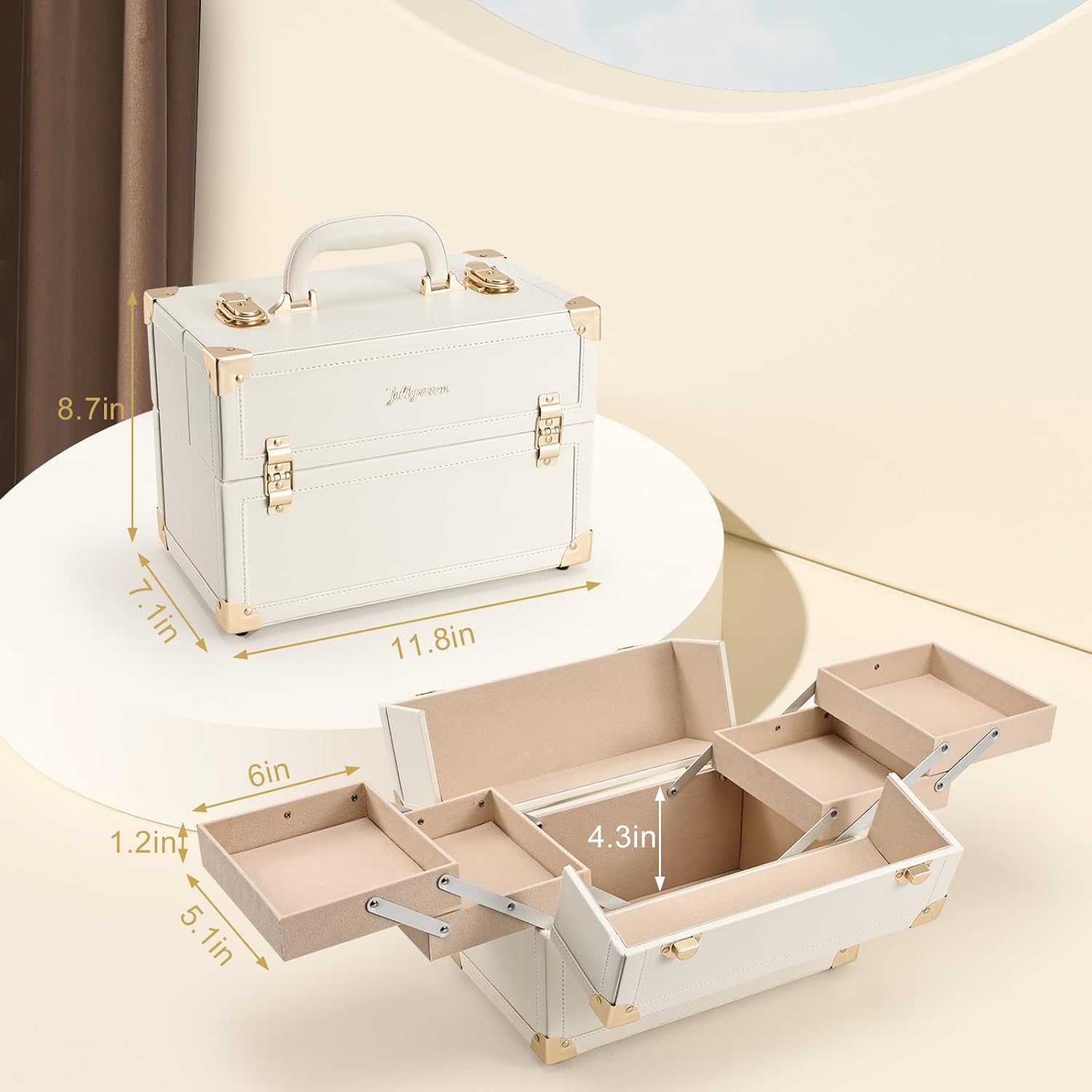 Large Portable Cosmetic Makeup Storage Box Organizer with 4 Tray Compartments Champagne Beige Vegan Leather F5669