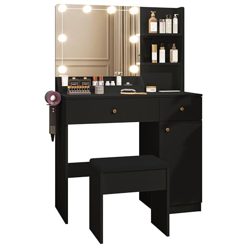 White Vanity Desk with Mirror and Lights Dimmable LED Makeup Table with Drawers Side Cabinet 3 Storage Shelves Power Outlet Dressing Table Set Include Holder Cushioned Stool V26944