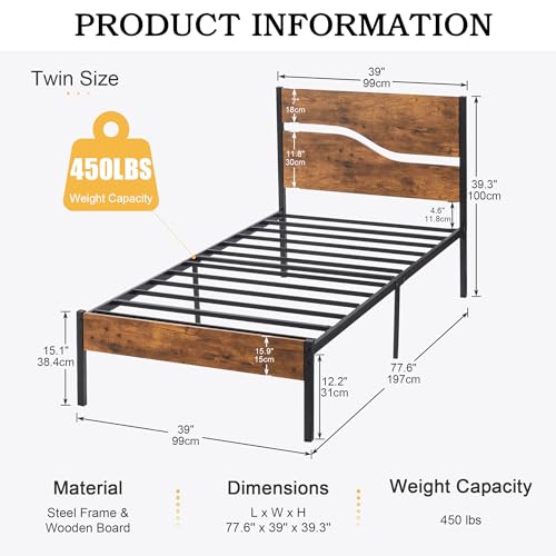 Twin Bed Frame with Wood Storage Headboard & Footboard, Metal Platform, Rustic Brown T518