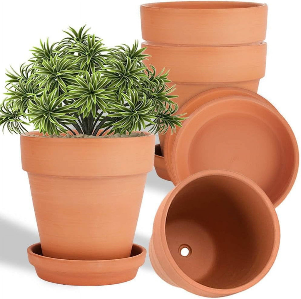 4 Pack 6 Inch Brown Terra Cotta Clay Plant Pot with Saucer Q9716