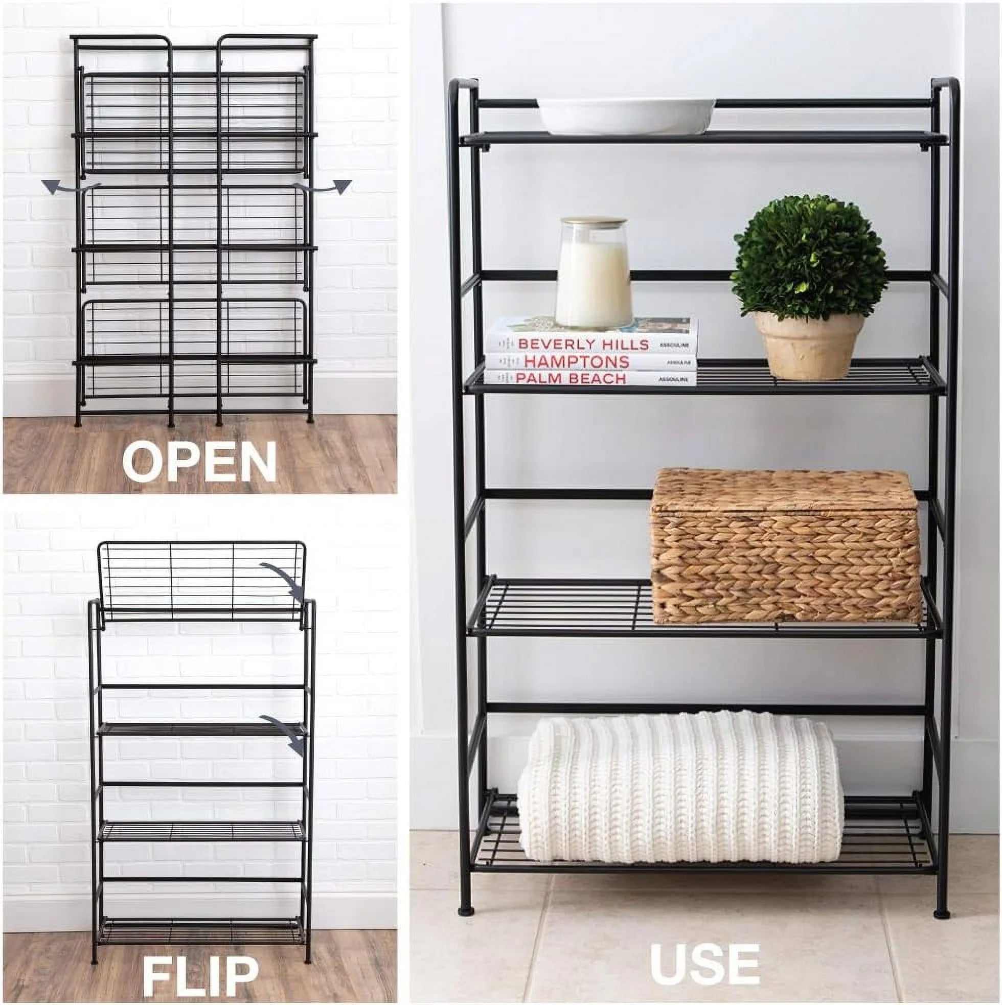 Black Metal 4 Shelves Folding Bookcase E9284