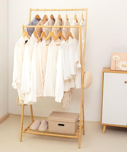 Bamboo Clothes Rack with Storage Shelf, Foldable Wardrobe Storage Rack (Natural) Z551579