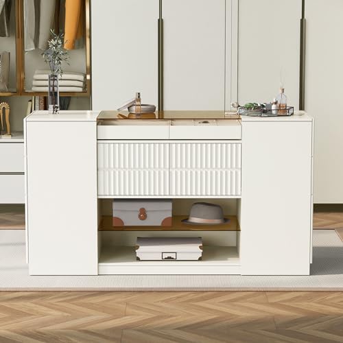 White Glass Top 6 Drawer Wooden Wardrobe Armoire M245