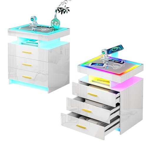 Black LED Nightstand with 3 Drawers and Wireless Charging D589