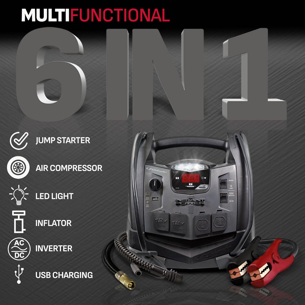 Portable Power Station and Jump Starter with 150-PSI Air Compressor, 200 Continuous/400 Peak Watt Power Inverter, Black W3196