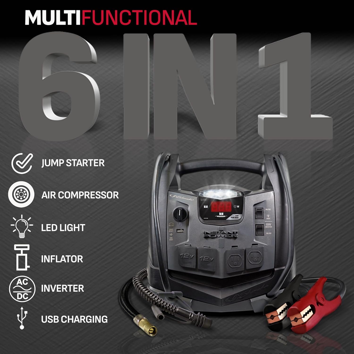 Portable Power Station and Jump Starter with 150-PSI Air Compressor, 200 Continuous/400 Peak Watt Power Inverter, Black W3196