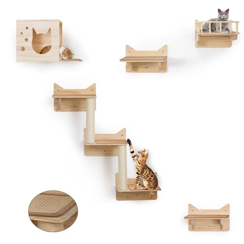9-Piece Wall-Mounted Cat Shelves Set with 2 Sisal Scratching Posts A24540