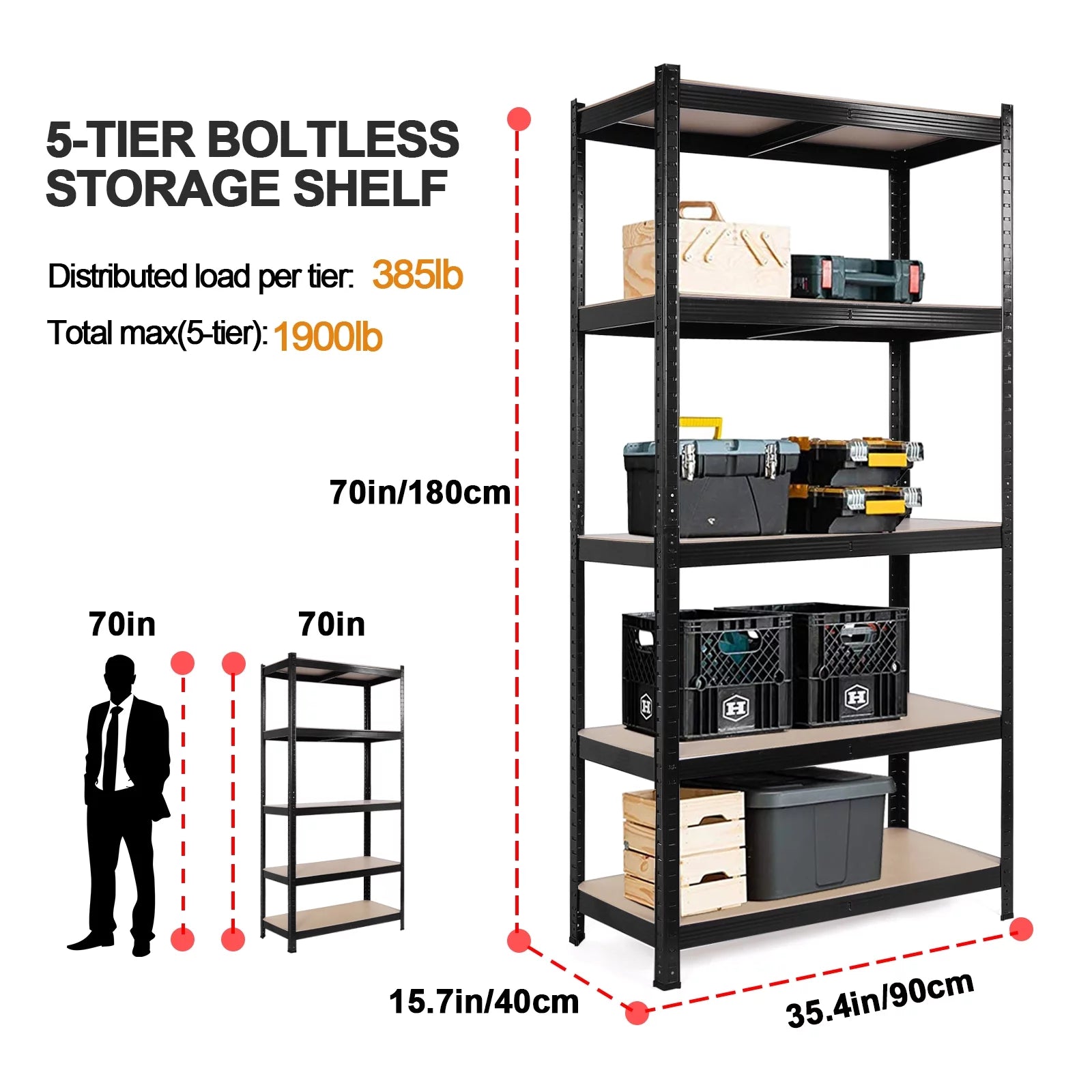 5 Tier Adjustable Heavy Duty Metal Storage Shelving, Black, 35.4" x 15.7" x 70" C522119