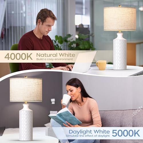 Farmhouse Ceramic Table Lamp Set of 2, 25" White Accent Lamp with 3-Color Temperature LED Bulbs M4032