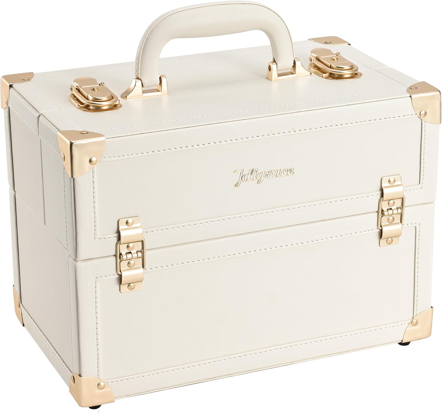 Large Portable Cosmetic Makeup Storage Box Organizer with 4 Tray Compartments Champagne Beige Vegan Leather F5669