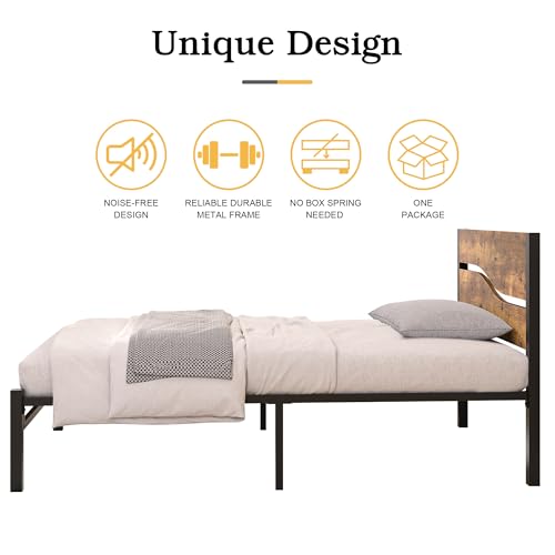 Twin Bed Frame with Wood Storage Headboard & Footboard, Metal Platform, Rustic Brown T518