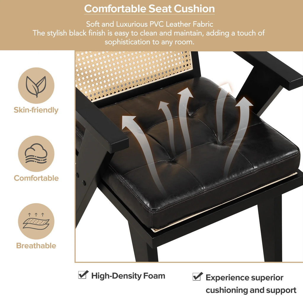 Black Accent Chair with Rattan Backrest and Padded Seat T20822
