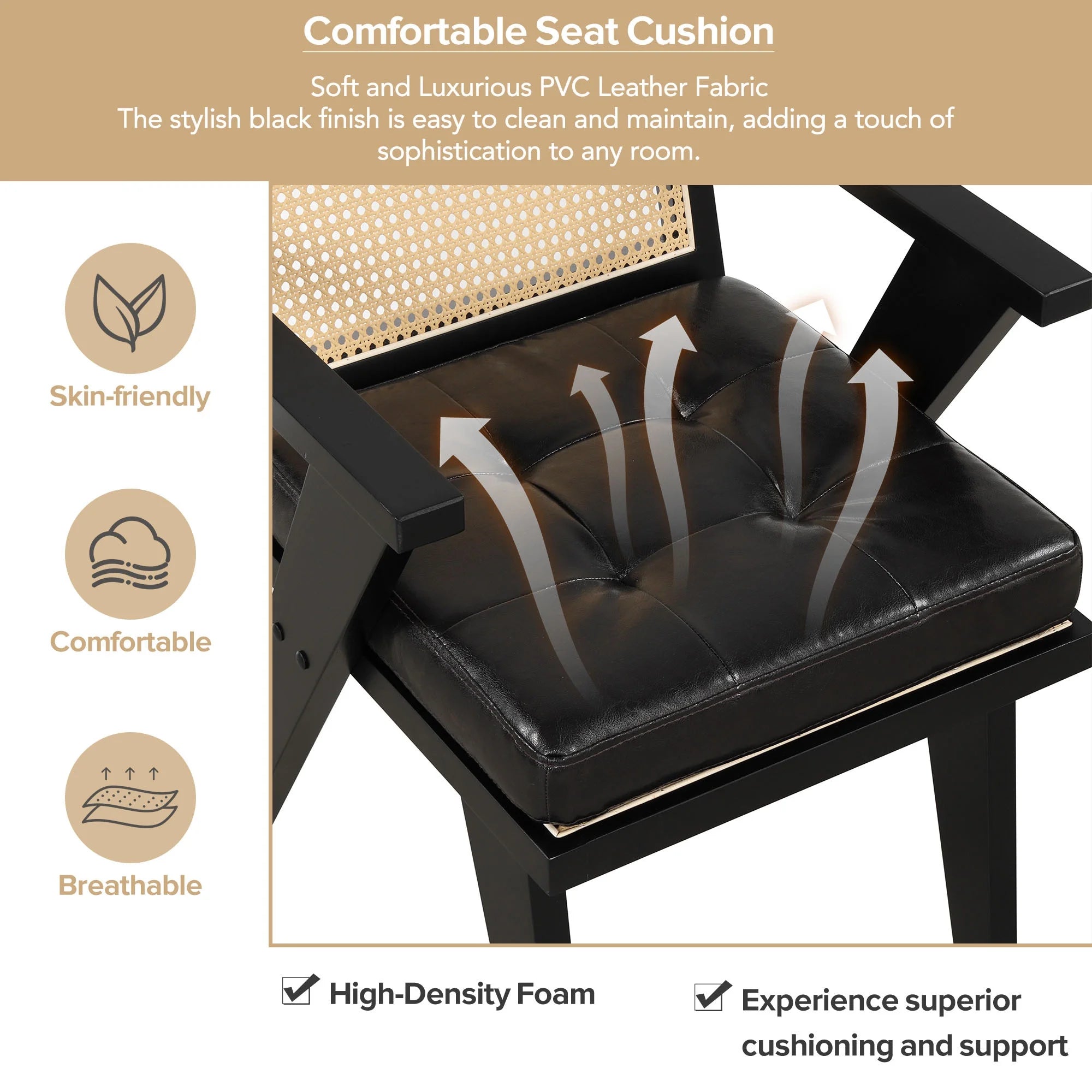 Black Accent Chair with Rattan Backrest and Padded Seat T20822
