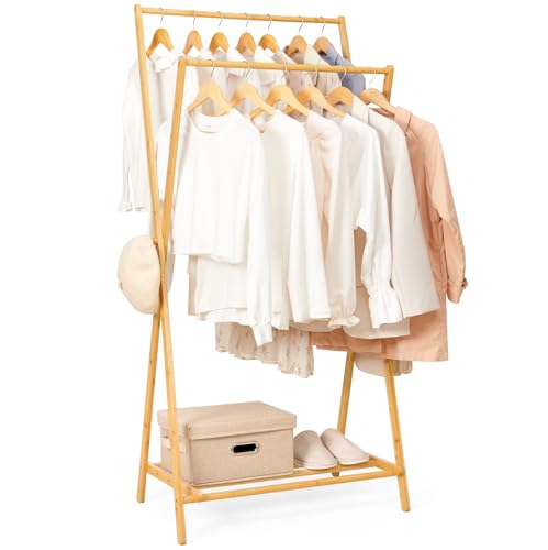 Bamboo Clothes Rack with Storage Shelf, Foldable Wardrobe Storage Rack (Natural) Z551579