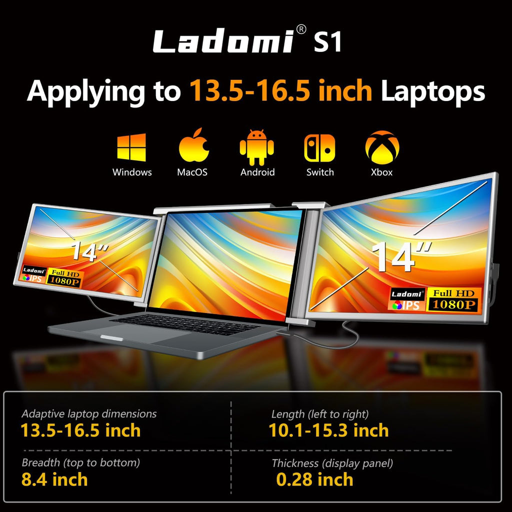 14" Triple Laptop Screen Extender FHD 1080P IPS Portable Monitor Gray K287433