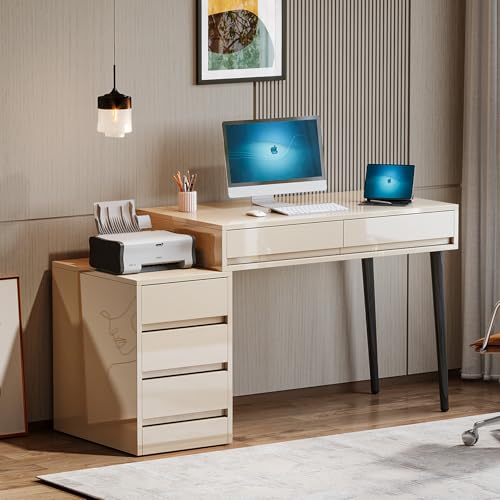 Beige Glossy Desk with 5 Drawers X634