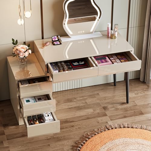 Beige Glossy Desk with 5 Drawers X634