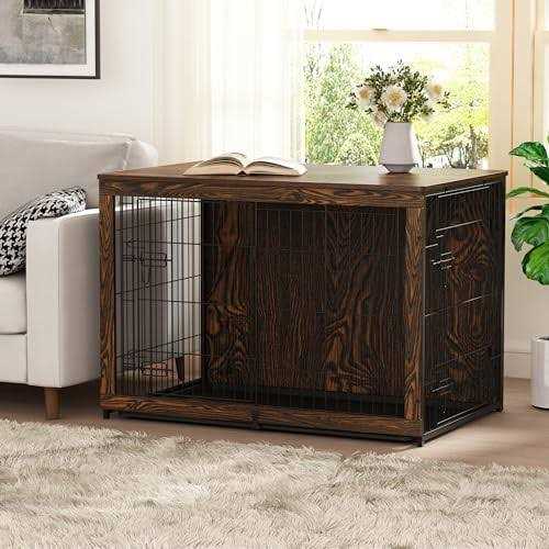 Wooden Dog Crate Furniture with Cushion End Table with Tray T573346
