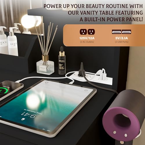 White Vanity Desk with Mirror and Lights Dimmable LED Makeup Table with Drawers Side Cabinet 3 Storage Shelves Power Outlet Dressing Table Set Include Holder Cushioned Stool V26944