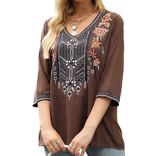 Embroidered 3/4 Sleeve V Neck Tunic Blouses U3489