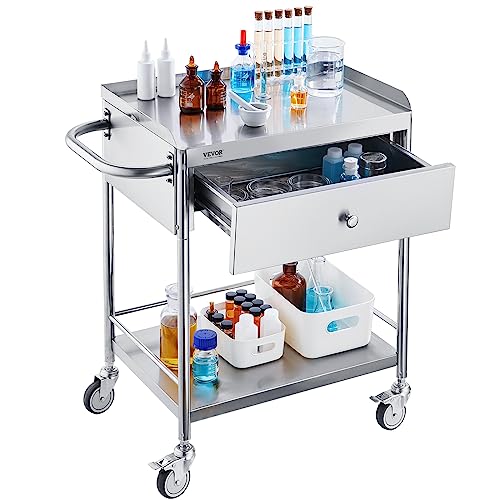 Stainless Steel Utility Cart with Wheels, 2 Shelves, 1 Drawer N2046