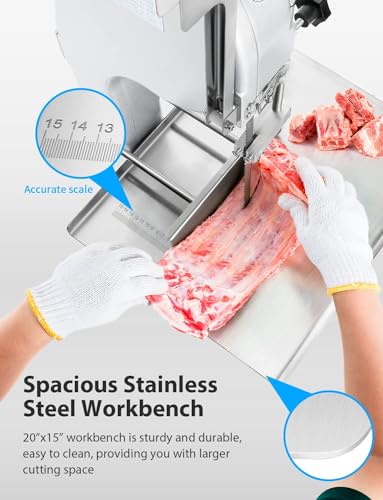 1500W Electric Bone Saw Machine, 0.8-5.9 Inch Cutting Thickness, 2.6HP Frozen Meat Cutter 110V Commercial Bandsaw Machine, 20x15in Table Sawing, 6 Saw Blades I9750