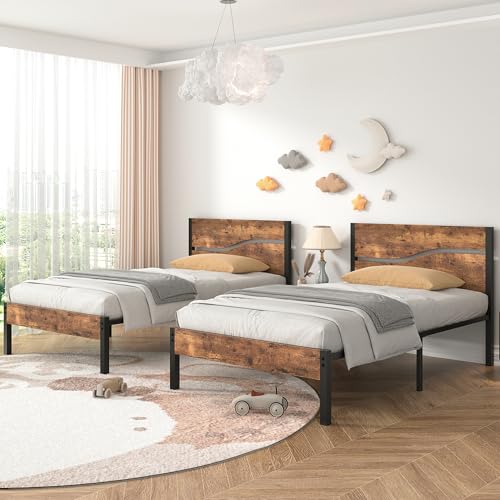 Twin Bed Frame with Wood Storage Headboard & Footboard, Metal Platform, Rustic Brown T518