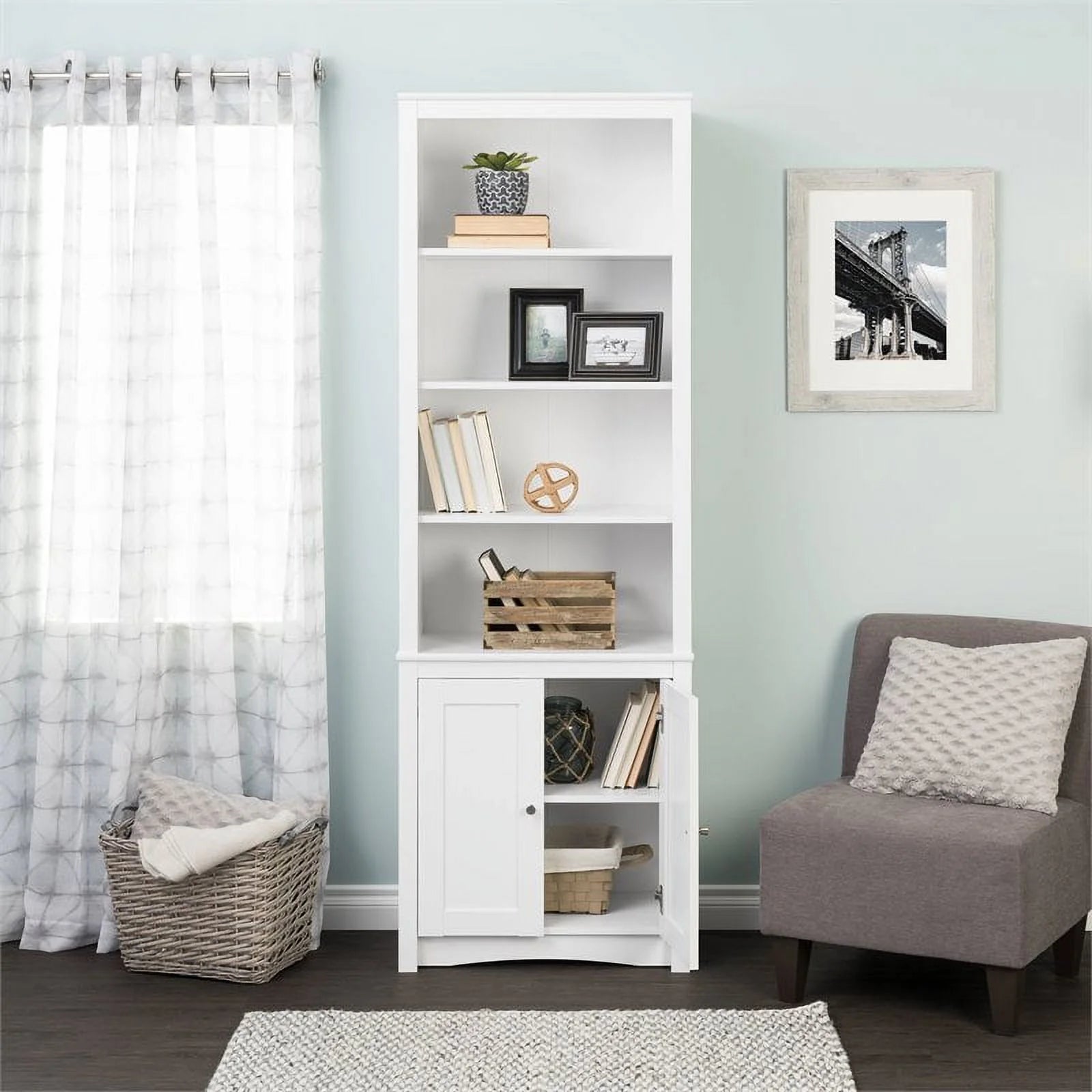 White 6 Shelf Bookcase with 2 Shaker Doors L3912