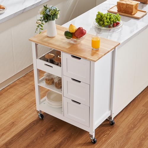 White 26 inch Wood Top Mobile Kitchen Island Cart with 3 Drawers and Shelves Y1844