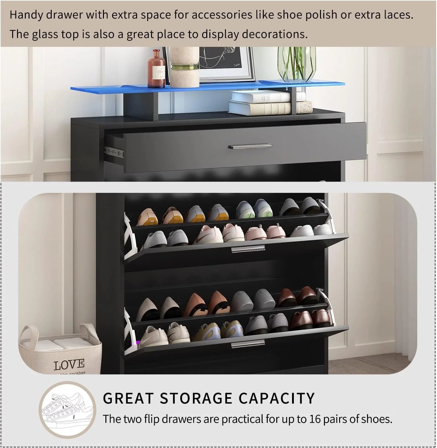 Black Slim Shoe Cabinet with 2 Flip Drawers and Tempered Glass Top G577