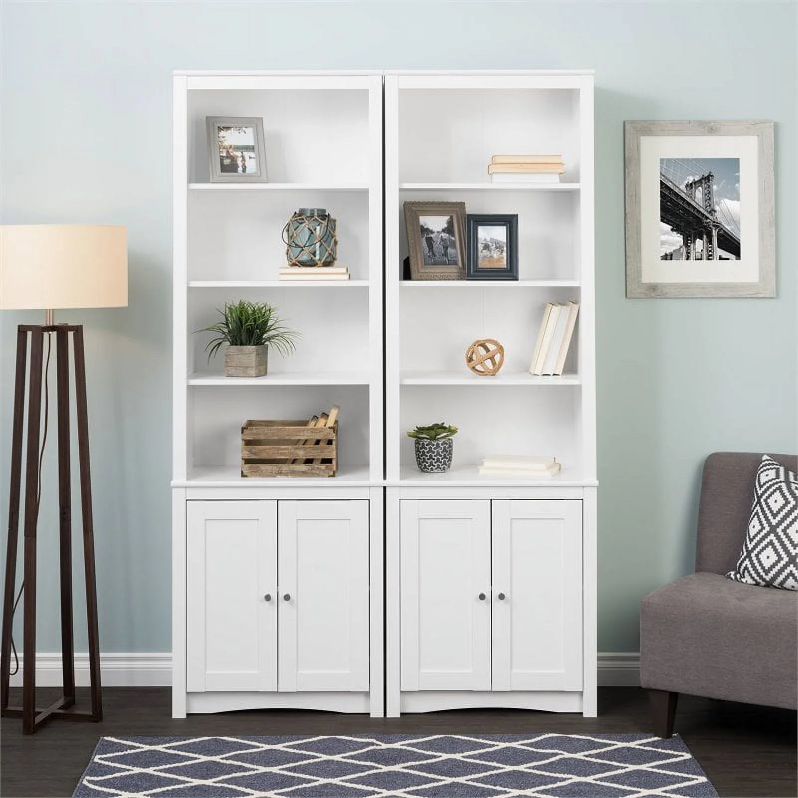 White 6 Shelf Bookcase with 2 Shaker Doors L3912