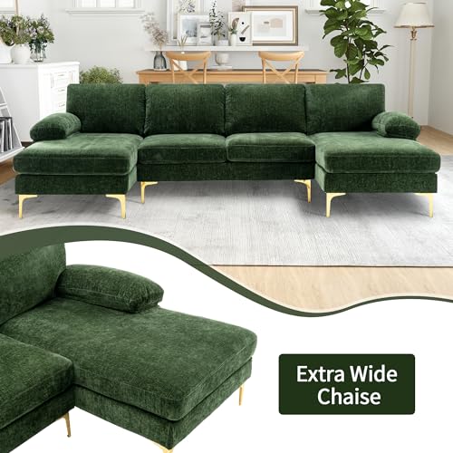 Green Chenille 4 Seater U-Shaped Sectional Couch with Double Chaises and Metal Legs H49716