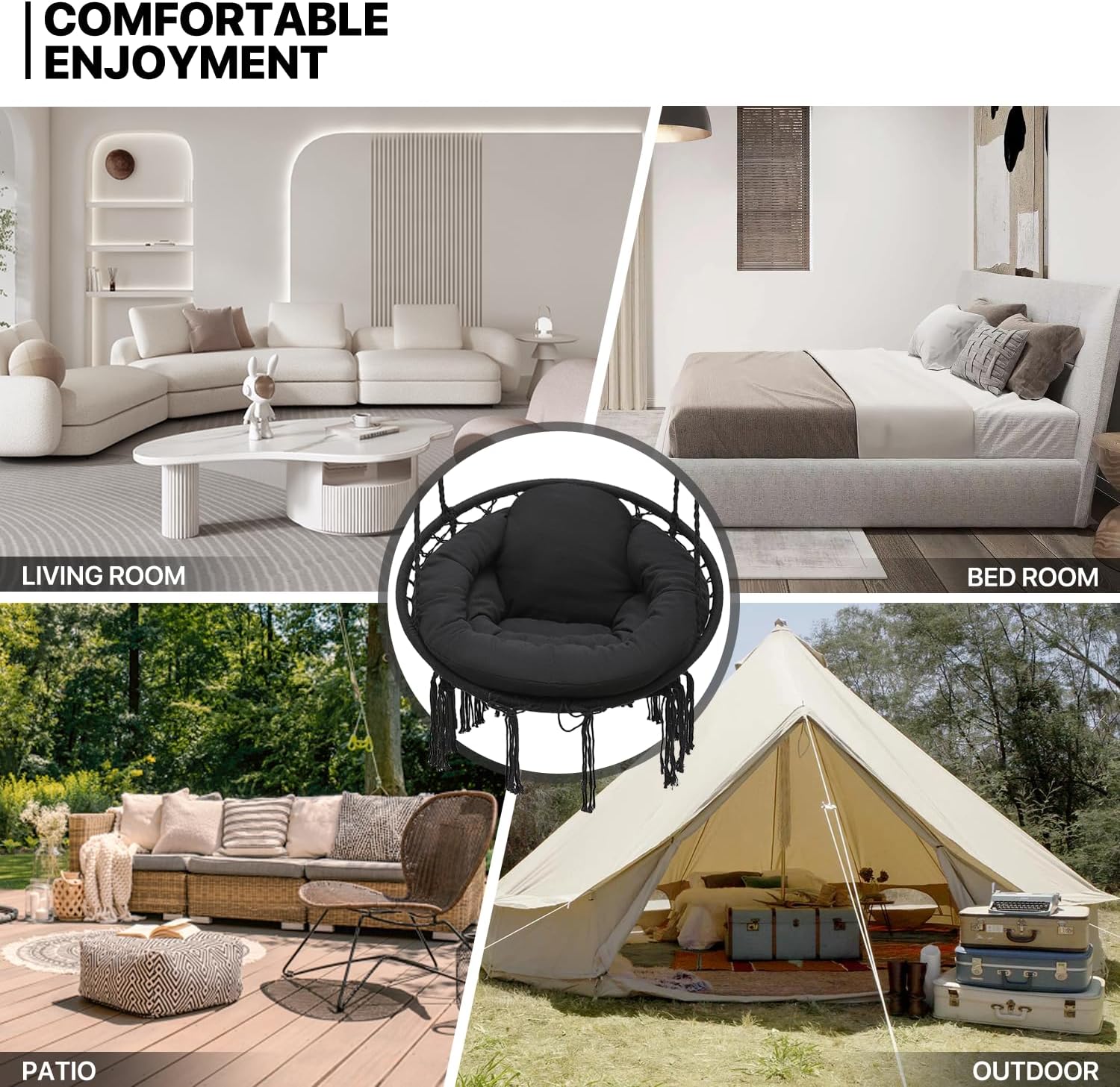 Black Hanging Hammock Chair with Large Padded Cushion, 350 Lbs Capacity N85496
