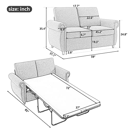 Gray Linen Pull Out Sofa Bed with Twin Memory Foam Mattress D6715