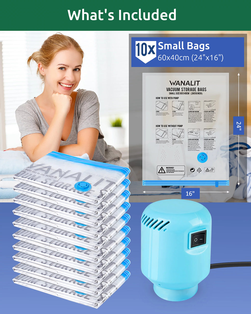 10 Pack Vacuum Storage Bags Small with Electric Air Pump Reusable Compression 24"x16" L348898
