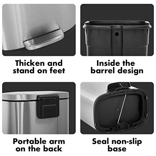 60 Liter Stainless Steel Step Trash Can with Inner Buckets and Hinged Lids O942