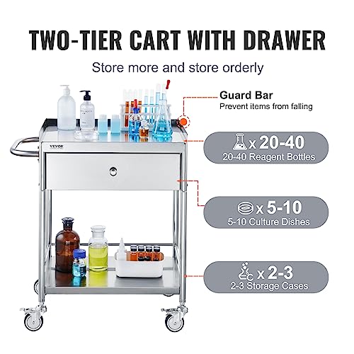 Stainless Steel Utility Cart with Wheels, 2 Shelves, 1 Drawer N2046