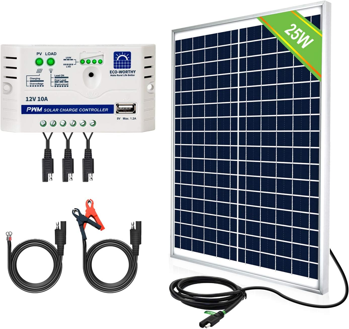 25 Watts 12V Solar Panel SAE Connector Kit with Charge Controller Y353